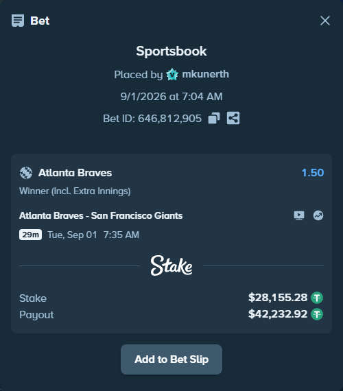 Bet slip: Atlanta Braves - San Francisco Giants, $28,155.28 stake at 1.50 odds, placed by mkunerth