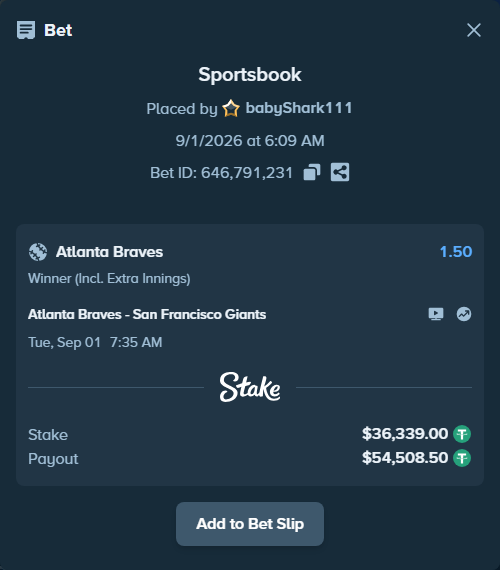 Bet slip: Atlanta Braves - San Francisco Giants, $36,339.00 stake at 1.50 odds, placed by babyShark111
