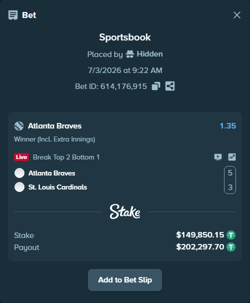 Bet slip: Atlanta Braves - St. Louis Cardinals, $150,000.00 stake at 1.35 odds, placed by Hidden