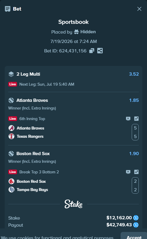 Bet slip: Atlanta Braves - Texas Rangers, $12,162.00 stake at 1.85 odds, placed by Combos39