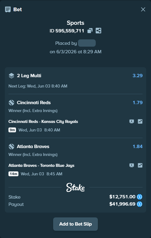 Bet slip: Atlanta Braves - Toronto Blue Jays, $12,751.00 stake at 1.84 odds, placed by Marvin123421