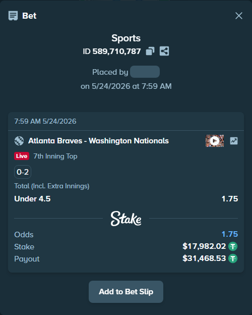 Bet slip: Atlanta Braves - Washington Nationals, $18,000.00 stake at 1.75 odds, placed by MountainYu