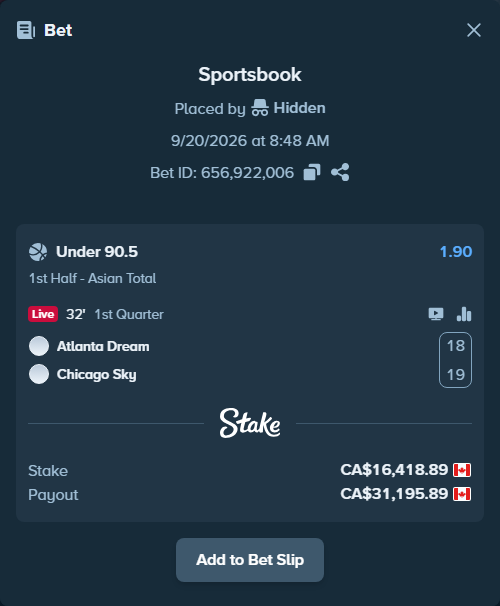 Bet slip: Atlanta Dream - Chicago Sky, $12,149.98 stake at 1.90 odds, placed by Hidden