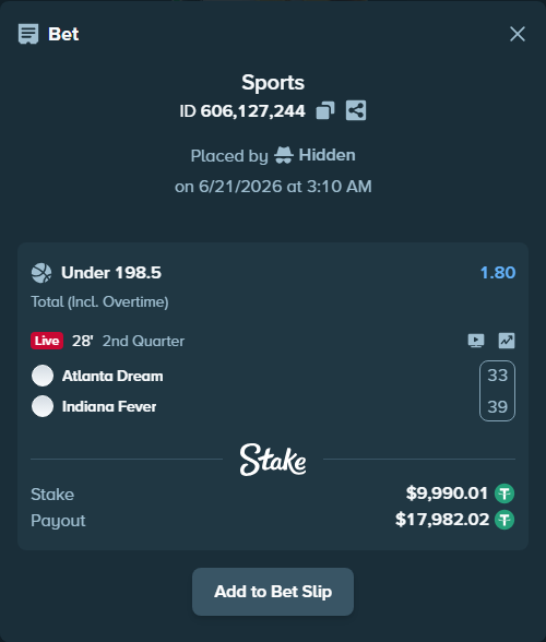 Bet slip: Atlanta Dream - Indiana Fever, $10,000.00 stake at 1.80 odds, placed by Hidden