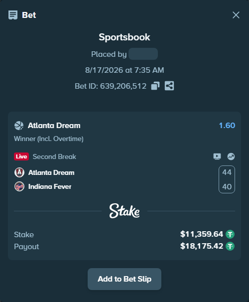 Bet slip: Atlanta Dream - Indiana Fever, $11,371.00 stake at 1.60 odds, placed by antoniku