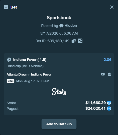 Bet slip: Atlanta Dream - Indiana Fever, $11,660.39 stake at 2.06 odds, placed by Hidden