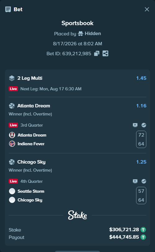 Bet slip: Atlanta Dream - Indiana Fever, $307,028.00 stake at 1.16 odds, placed by Hidden