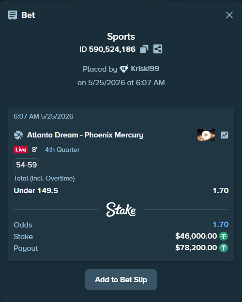Bet slip: Atlanta Dream - Phoenix Mercury, $46,000.00 stake at 1.70 odds, placed by Kriski99