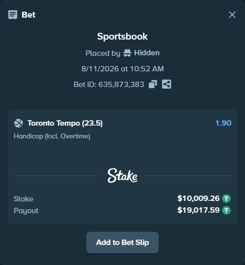 Bet slip: Atlanta Dream - Toronto Tempo, $10,019.27 stake at 1.90 odds, placed by Hidden