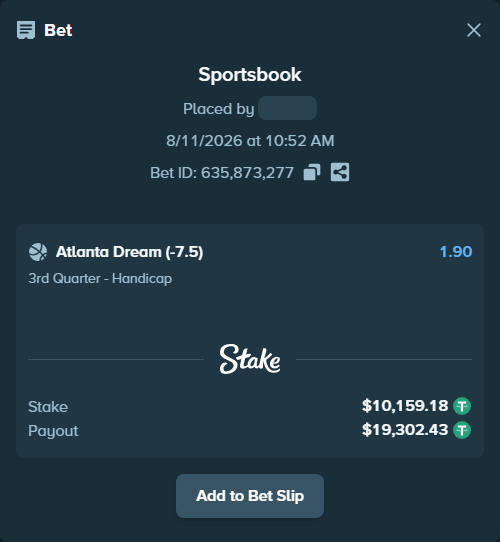 Bet slip: Atlanta Dream - Toronto Tempo, $10,169.33 stake at 1.90 odds, placed by wills2026