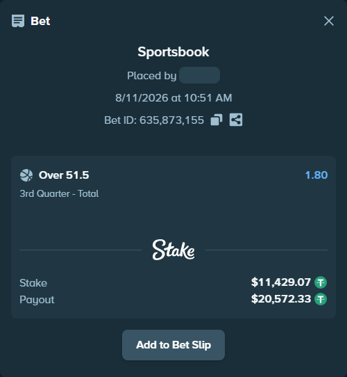 Bet slip: Atlanta Dream - Toronto Tempo, $11,440.50 stake at 1.80 odds, placed by wills2026