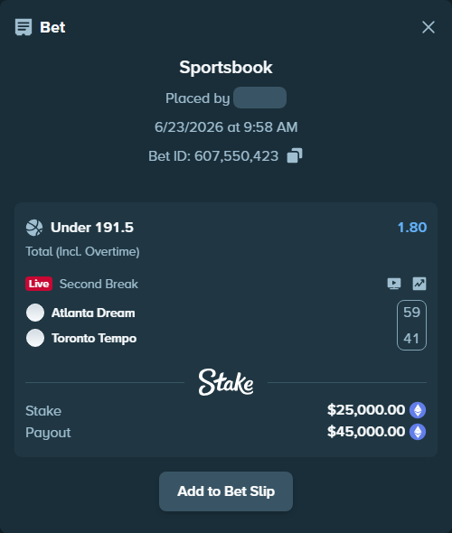 Bet slip: Atlanta Dream - Toronto Tempo, $27,586.10 stake at 1.80 odds, placed by azosuka