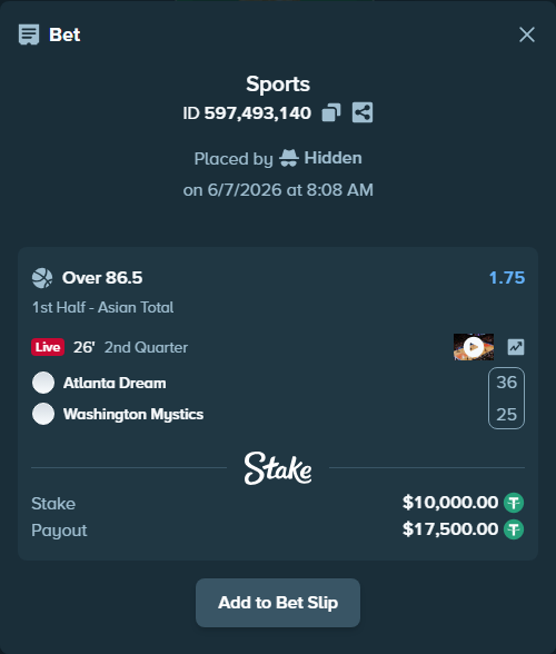 Bet slip: Atlanta Dream - Washington Mystics, $10,000.00 stake at 1.75 odds, placed by Hidden