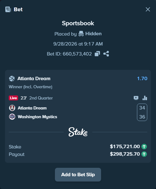 Bet slip: Atlanta Dream - Washington Mystics, $175,721.00 stake at 1.70 odds, placed by Hidden
