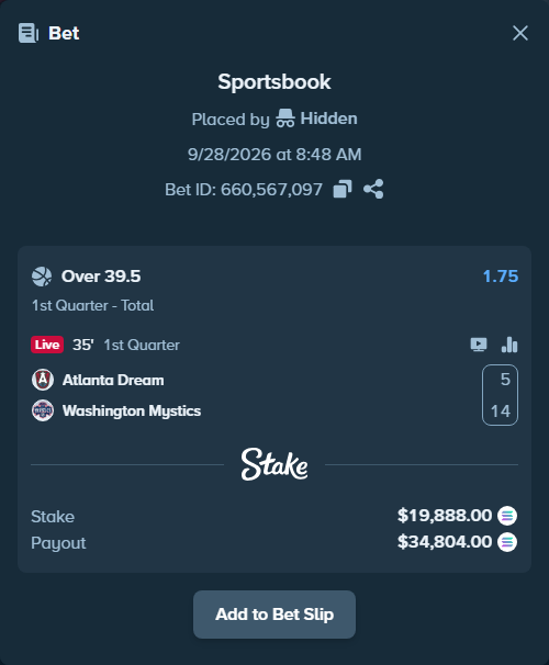 Bet slip: Atlanta Dream - Washington Mystics, $19,995.50 stake at 1.75 odds, placed by Hidden