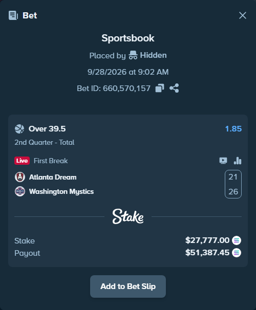 Bet slip: Atlanta Dream - Washington Mystics, $27,735.16 stake at 1.85 odds, placed by Hidden