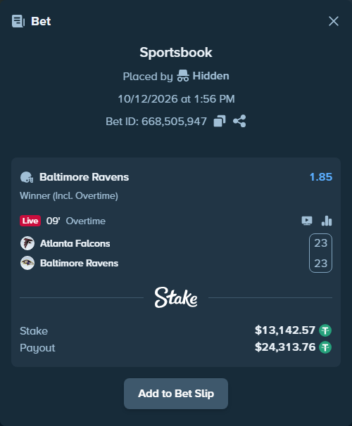 Bet slip: Atlanta Falcons - Baltimore Ravens, $13,155.72 stake at 1.85 odds, placed by Hidden