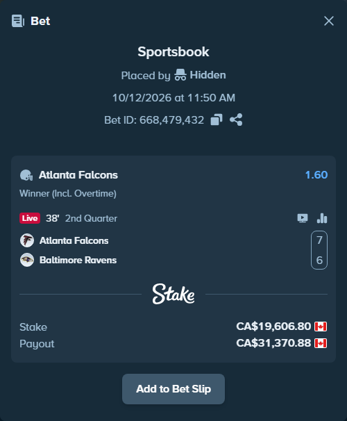 Bet slip: Atlanta Falcons - Baltimore Ravens, $14,509.03 stake at 1.60 odds, placed by Hidden