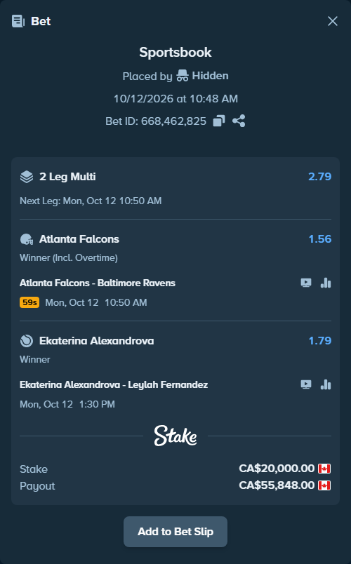 Bet slip: Atlanta Falcons - Baltimore Ravens, $14,800.00 stake at 1.56 odds, placed by Hidden