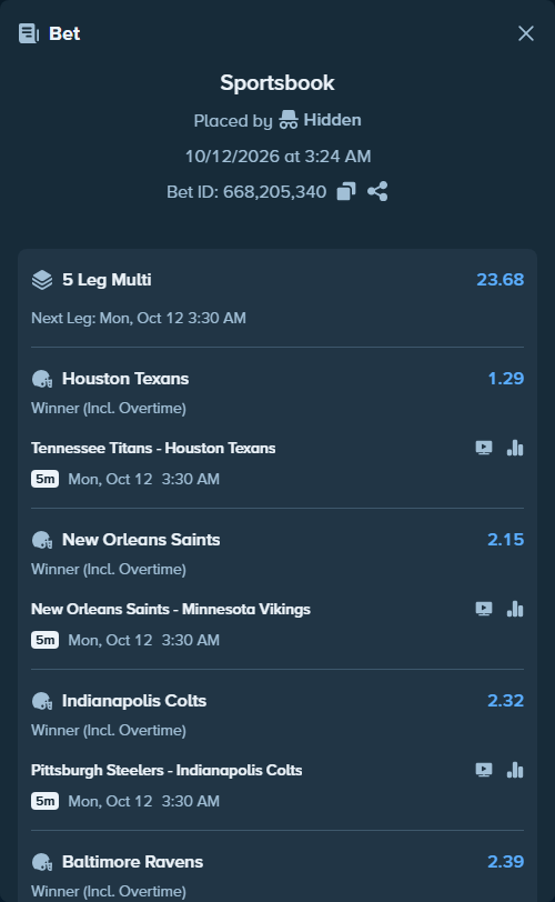 Bet slip: Atlanta Falcons - Baltimore Ravens, $15,000.00 stake at 2.39 odds, placed by Hidden