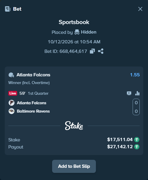 Bet slip: Atlanta Falcons - Baltimore Ravens, $17,528.55 stake at 1.55 odds, placed by Hidden