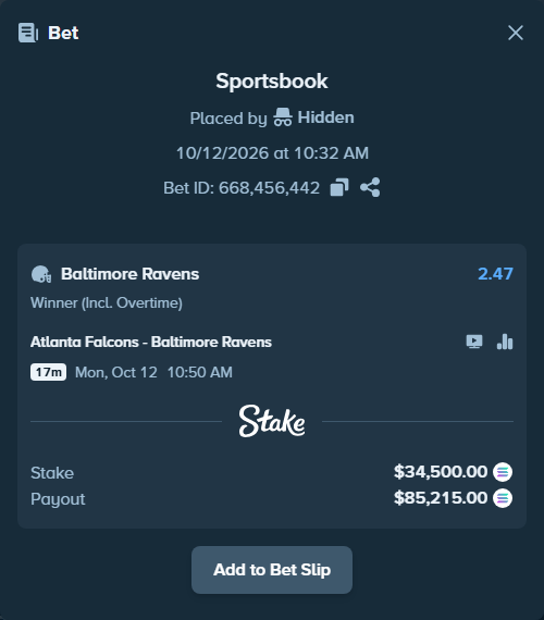 Bet slip: Atlanta Falcons - Baltimore Ravens, $35,073.35 stake at 2.47 odds, placed by Hidden