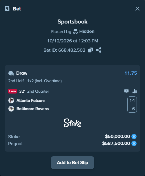 Bet slip: Atlanta Falcons - Baltimore Ravens, $50,000.00 stake at 11.75 odds, placed by Hidden