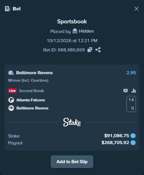 Bet slip: Atlanta Falcons - Baltimore Ravens, $91,086.75 stake at 2.95 odds, placed by Hidden
