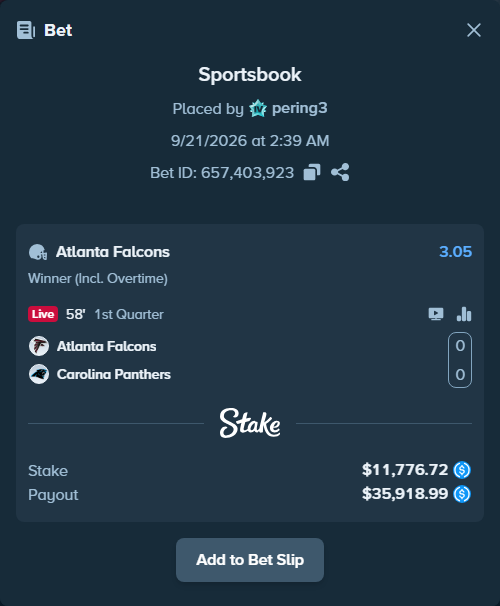 Bet slip: Atlanta Falcons - Carolina Panthers, $11,776.72 stake at 3.05 odds, placed by pering3