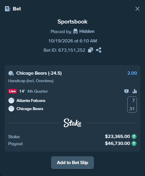 Bet slip: Atlanta Falcons - Chicago Bears, $23,388.36 stake at 2.00 odds, placed by Hidden