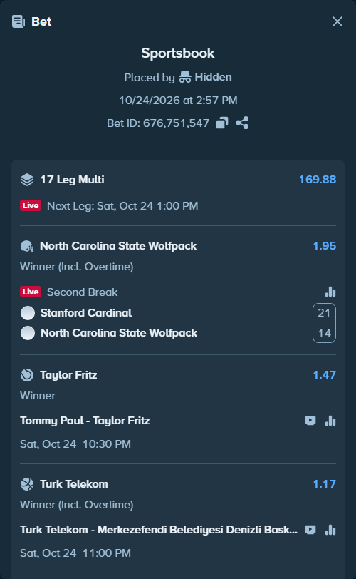 Bet slip: Atlanta Falcons - San Francisco 49ers, $16,235.70 stake at 1.64 odds, placed by Prettylfacko98