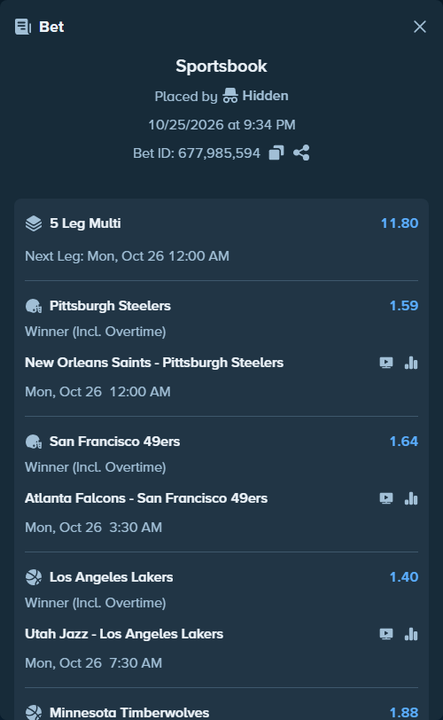 Bet slip: Atlanta Falcons - San Francisco 49ers, $40,022.54 stake at 1.64 odds, placed by Hidden