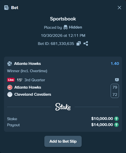 Bet slip: Atlanta Hawks - Cleveland Cavaliers, $10,020.00 stake at 1.40 odds, placed by Drenjon0