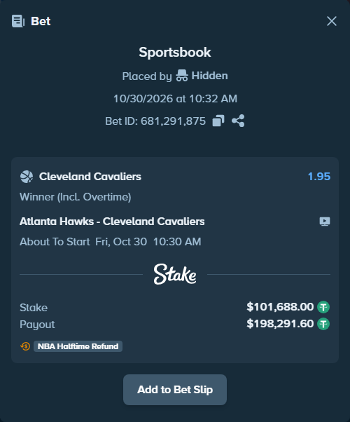 Bet slip: Atlanta Hawks - Cleveland Cavaliers, $101,891.38 stake at 1.95 odds, placed by Hidden