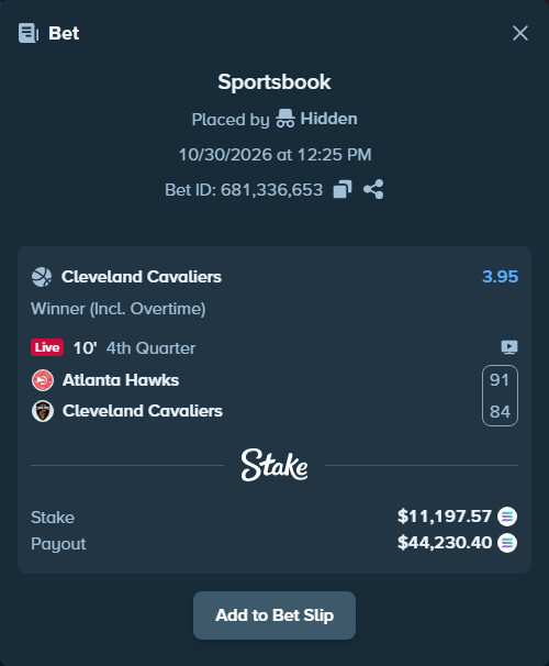 Bet slip: Atlanta Hawks - Cleveland Cavaliers, $11,404.18 stake at 3.95 odds, placed by Hidden
