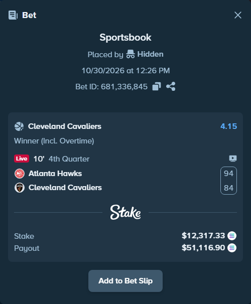 Bet slip: Atlanta Hawks - Cleveland Cavaliers, $12,544.60 stake at 4.15 odds, placed by Prettylfacko98