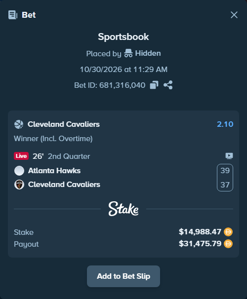 Bet slip: Atlanta Hawks - Cleveland Cavaliers, $15,003.46 stake at 2.10 odds, placed by Hidden