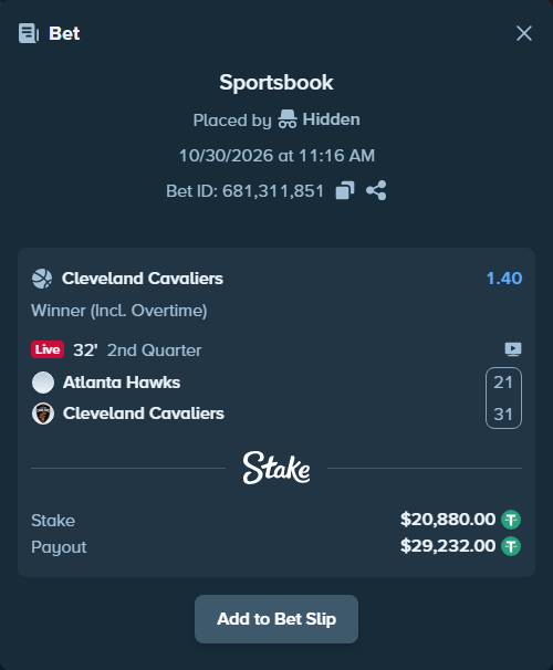Bet slip: Atlanta Hawks - Cleveland Cavaliers, $20,921.76 stake at 1.40 odds, placed by Drenjon0