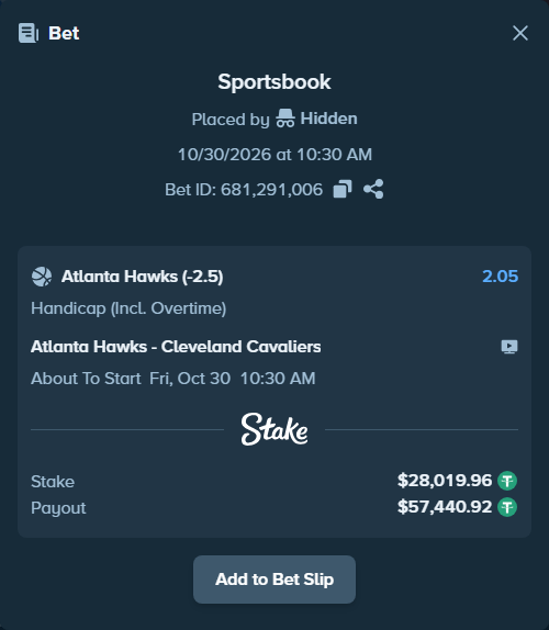 Bet slip: Atlanta Hawks - Cleveland Cavaliers, $28,076.00 stake at 2.05 odds, placed by KeyNG8888