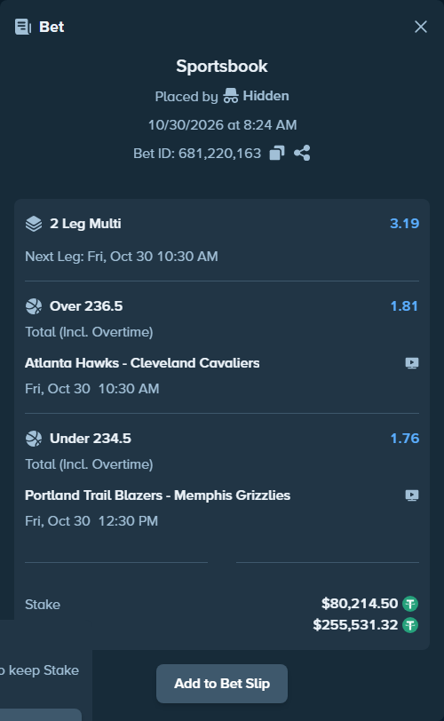 Bet slip: Atlanta Hawks - Cleveland Cavaliers, $80,294.72 stake at 1.81 odds, placed by Hidden