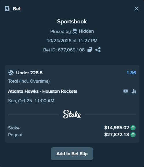 Bet slip: Atlanta Hawks - Houston Rockets, $15,000.00 stake at 1.86 odds, placed by Hidden