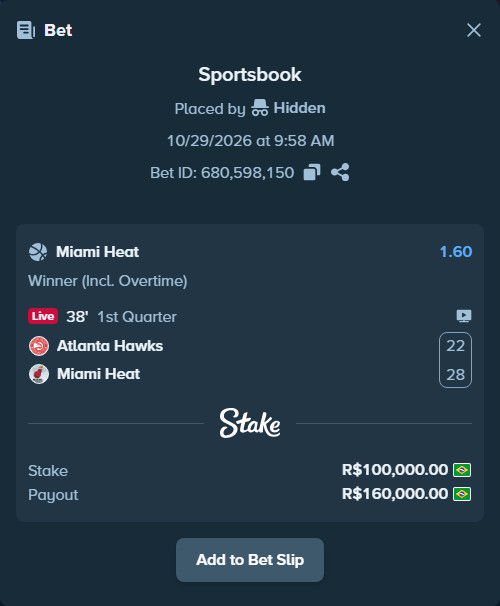 Bet slip: Atlanta Hawks - Miami Heat, $20,000.00 stake at 1.60 odds, placed by Hidden