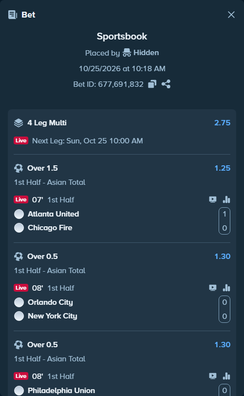 Bet slip: Atlanta United - Chicago Fire, $80,374.29 stake at 1.25 odds, placed by Hidden
