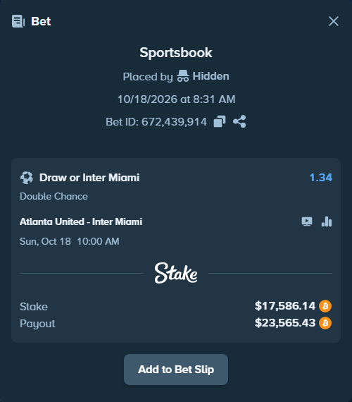 Bet slip: Atlanta United - Inter Miami, $17,754.32 stake at 1.34 odds, placed by Saiddh94