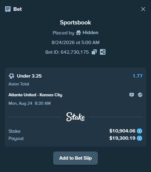 Bet slip: Atlanta United - Kansas City, $10,904.06 stake at 1.77 odds, placed by Hidden