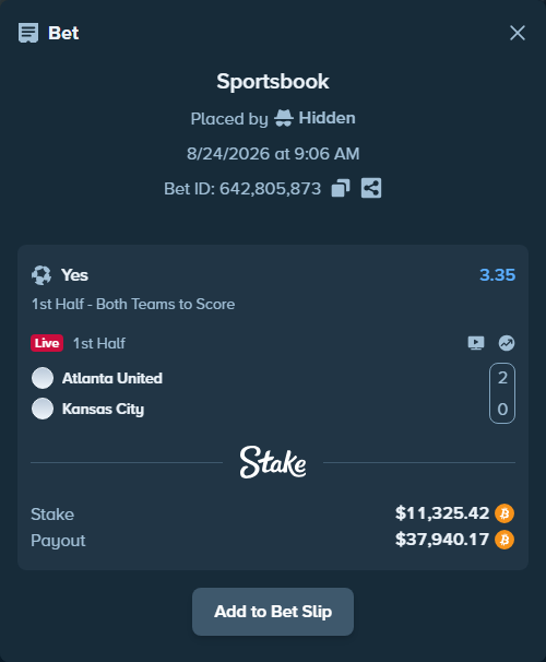 Bet slip: Atlanta United - Kansas City, $11,329.62 stake at 3.35 odds, placed by Hidden