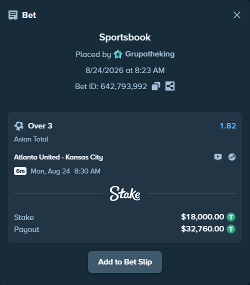 Bet slip: Atlanta United - Kansas City, $18,000.00 stake at 1.82 odds, placed by Grupotheking