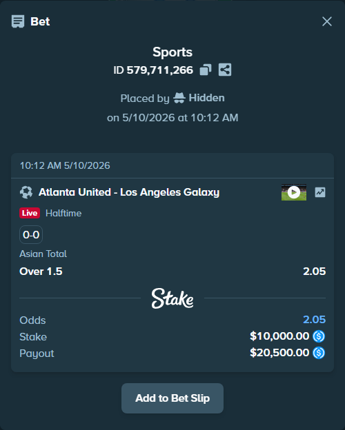 Bet slip: Atlanta United - Los Angeles Galaxy, $10,000.00 stake at 2.05 odds, placed by Hidden
