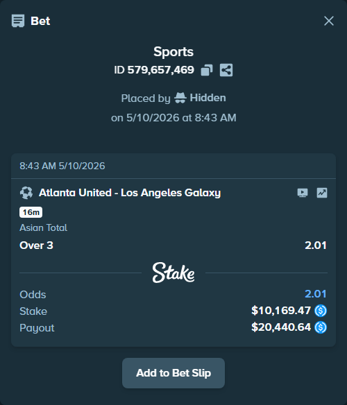 Bet slip: Atlanta United - Los Angeles Galaxy, $10,169.47 stake at 2.01 odds, placed by Hidden
