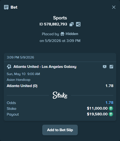 Bet slip: Atlanta United - Los Angeles Galaxy, $11,000.00 stake at 1.78 odds, placed by Hidden